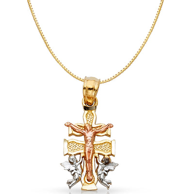 14K Gold Jesus Crucifix Cross of Caravaca Religious Charm Pendant with 0.8mm Box Chain Necklace