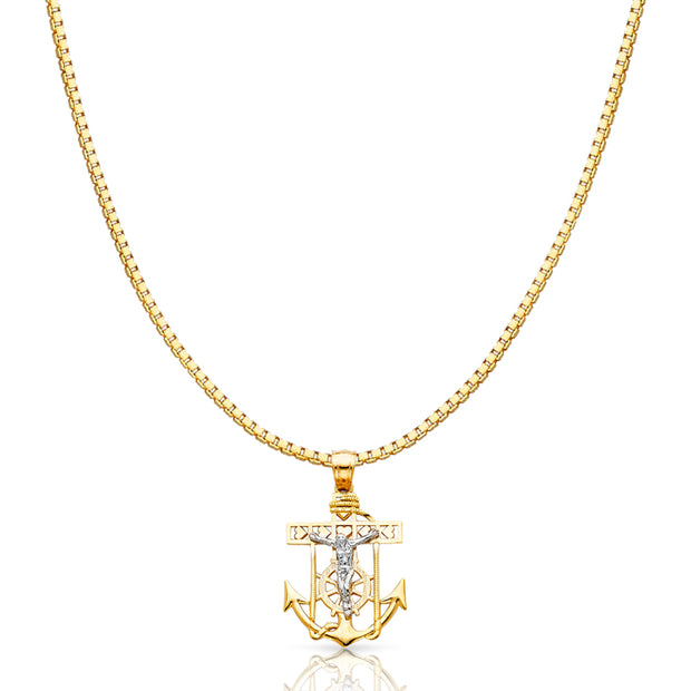 14K Gold Jesus Crucifix Anchor Religious Charm Pendant with 1.2mm Box Chain Necklace