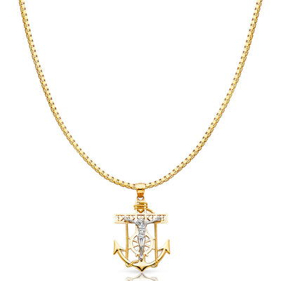 14K Gold Jesus Crucifix Anchor Religious Charm Pendant with 1.2mm Box Chain Necklace