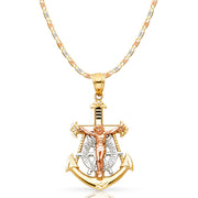 14K Gold Jesus Crucifix Anchor Pendant with 2.6mm Valentino Star Diamond Cut Chain