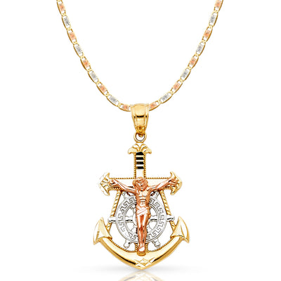 14K Gold Jesus Crucifix Anchor Pendant with 2.6mm Valentino Star Diamond Cut Chain