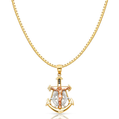 14K Gold Jesus Crucifix Anchor Religious Charm Pendant with 1.2mm Box Chain Necklace