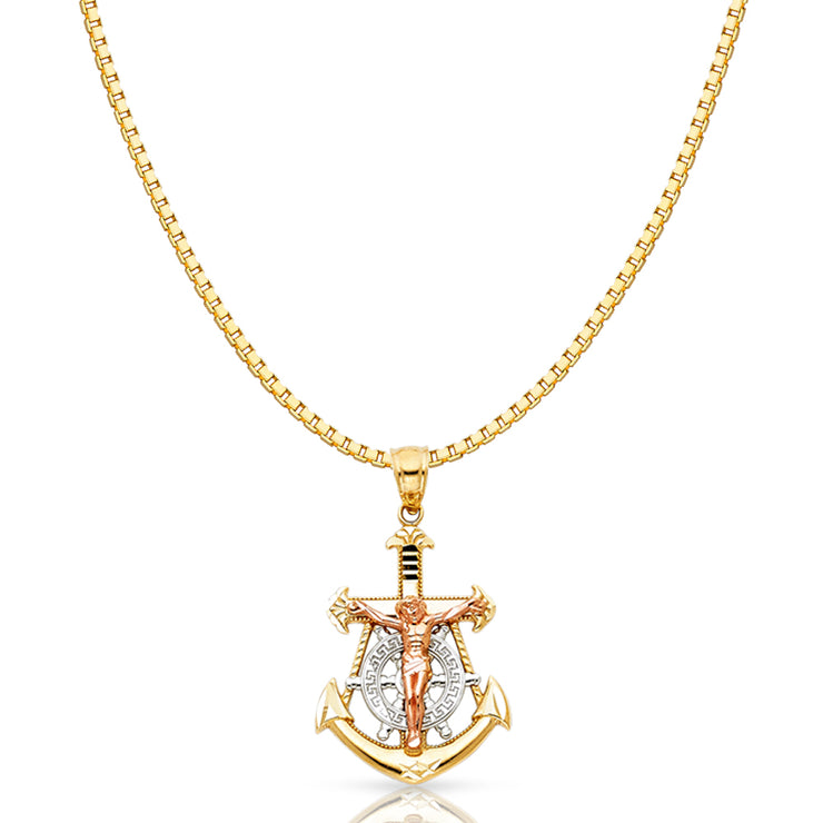 14K Gold Jesus Crucifix Anchor Religious Charm Pendant with 1.2mm Box Chain Necklace