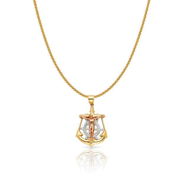 14K Gold Jesus Crucifix Anchor Charm Pendant with 1.1mm Wheat Chain Necklace