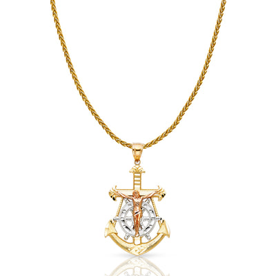 14K Gold Jesus Crucifix Anchor Charm Pendant with 1.4mm Round Wheat Chain Necklace