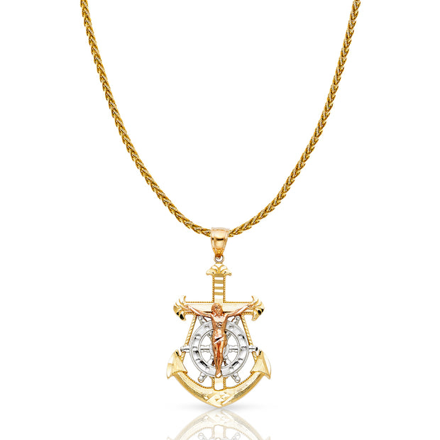 14K Gold Jesus Crucifix Anchor Charm Pendant with 1.4mm Round Wheat Chain Necklace