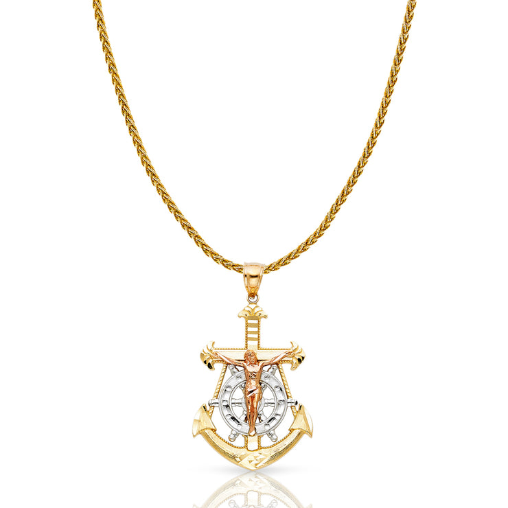 14K Gold Jesus Crucifix Anchor Charm Pendant with 1.4mm Round Wheat Chain Necklace