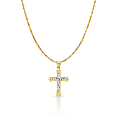 14K Gold Cross Charm Pendant with 1.1mm Wheat Chain Necklace