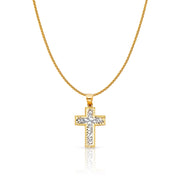 14K Gold Cross Charm Pendant with 1.1mm Wheat Chain Necklace