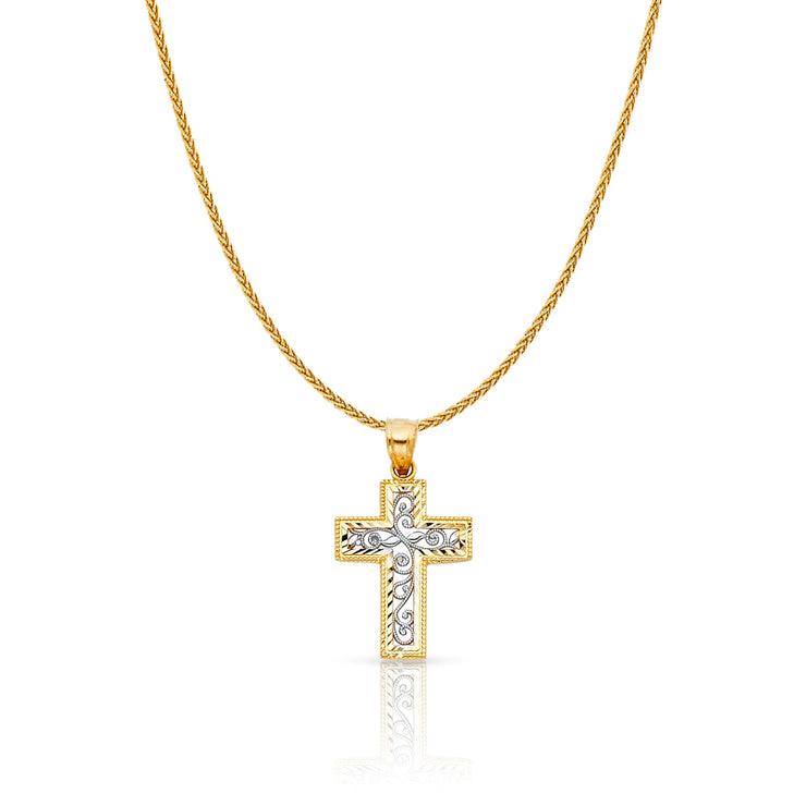 14K Gold Cross Charm Pendant with 1.1mm Wheat Chain Necklace