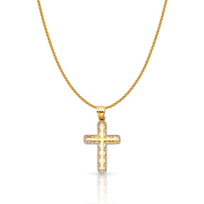 14K Gold Cross Charm Pendant with 1.1mm Wheat Chain Necklace