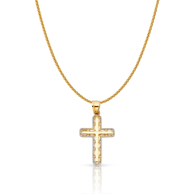 14K Gold Cross Charm Pendant with 1.1mm Wheat Chain Necklace