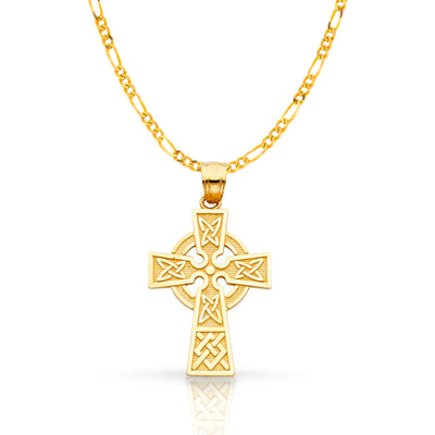 14K Gold Celtic Cross Pendant with 2.3mm Figaro 3+1 Chain