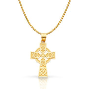 14K Gold Celtic Cross Pendant with 1.5mm Flat Open Wheat Chain