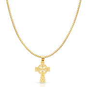 14K Gold Celtic Cross Religious Charm Pendant with 1.2mm Box Chain Necklace