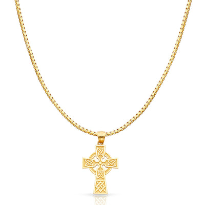 14K Gold Celtic Cross Religious Charm Pendant with 1.2mm Box Chain Necklace