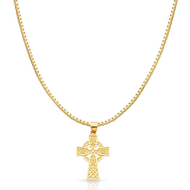 14K Gold Celtic Cross Religious Charm Pendant with 1.2mm Box Chain Necklace