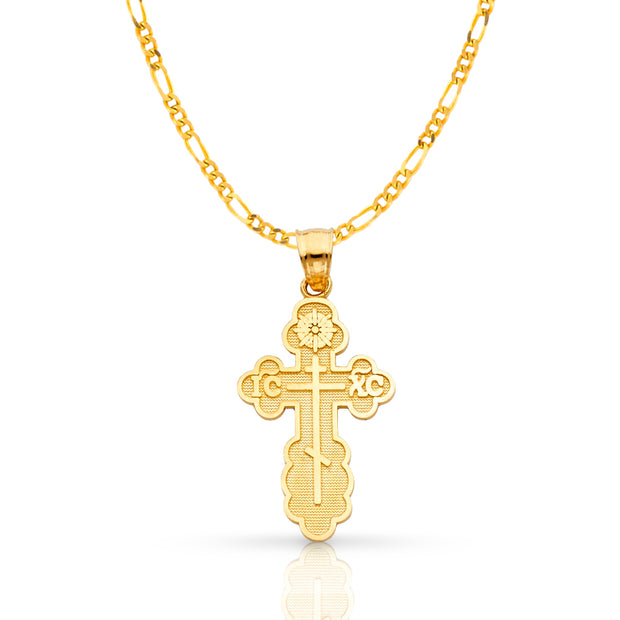 14K Gold St. Olga Greek Orthodox Baptismal Cross Pendant with 2.3mm Figaro 3+1 Chain