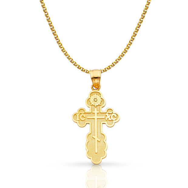 14K Gold St. Olga Greek Orthodox Baptismal Cross Pendant with 1.5mm Flat Open Wheat Chain