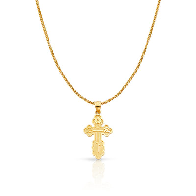 14K Gold St. Olga Greek Orthodox Baptismal Cross Charm Pendant with 1.1mm Wheat Chain Necklace