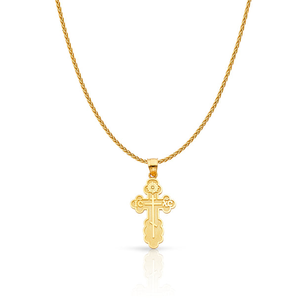 14K Gold St. Olga Greek Orthodox Baptismal Cross Charm Pendant with 1.1mm Wheat Chain Necklace