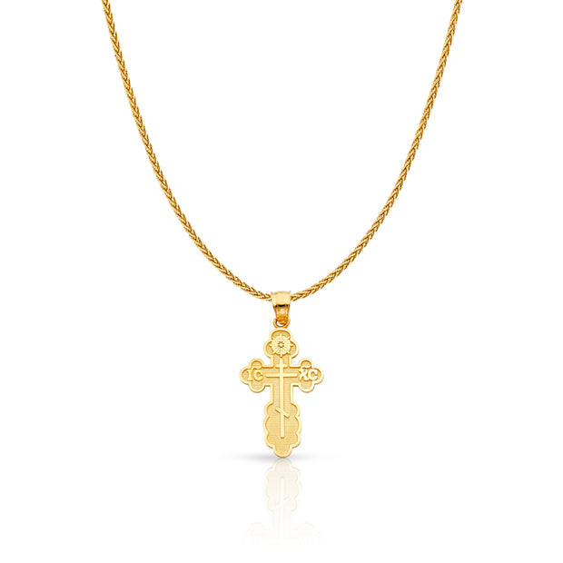 14K Gold St. Olga Greek Orthodox Baptismal Cross Charm Pendant with 1.1mm Wheat Chain Necklace