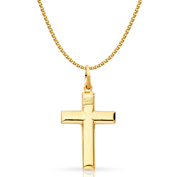 14K Gold Simple Cross Pendant with 1.5mm Flat Open Wheat Chain