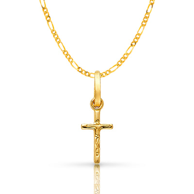 14K Gold Crucifix Cross Pendant with 1.6mm Figaro 3+1 Chain