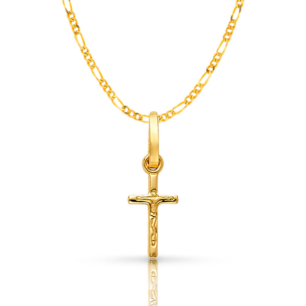 14K Gold Crucifix Cross Pendant with 1.6mm Figaro 3+1 Chain