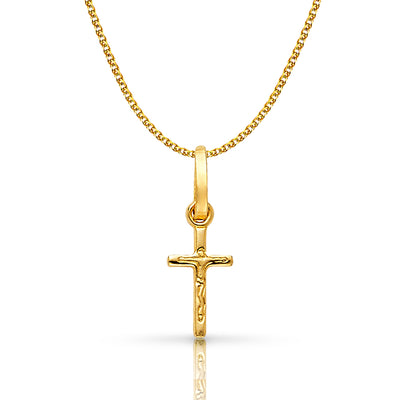 14K Gold Crucifix Cross Pendant with 1.2mm Flat Open Wheat Chain