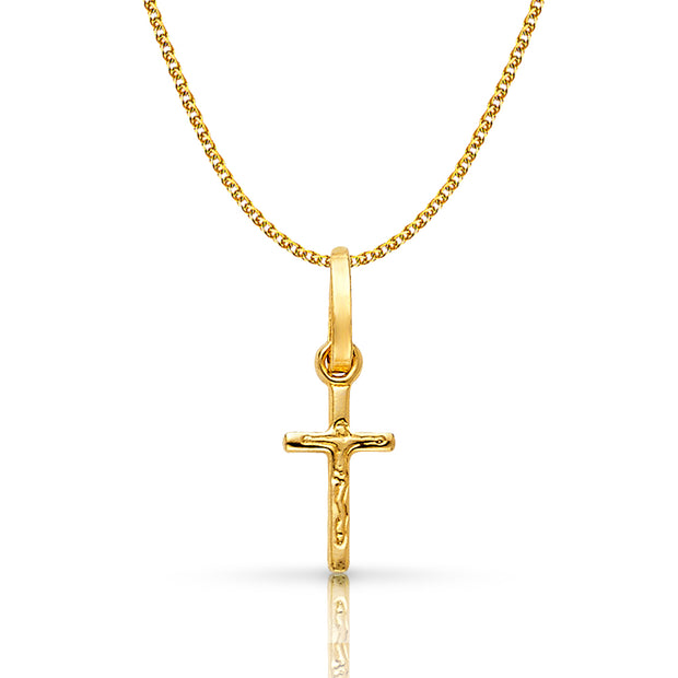 14K Gold Crucifix Cross Pendant with 1.2mm Flat Open Wheat Chain