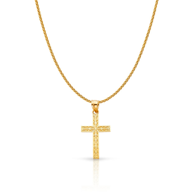 14K Gold Cross Charm Pendant with 1.1mm Wheat Chain Necklace