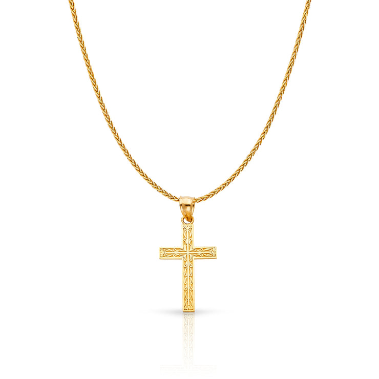 14K Gold Cross Charm Pendant with 1.1mm Wheat Chain Necklace