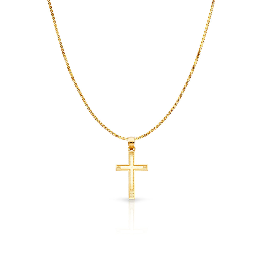 14K Gold Cross Charm Pendant with 0.9mm Wheat Chain Necklace