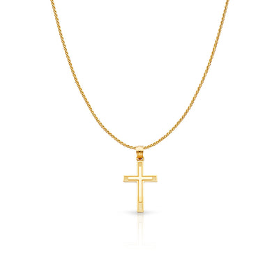 14K Gold Cross Charm Pendant with 0.9mm Wheat Chain Necklace