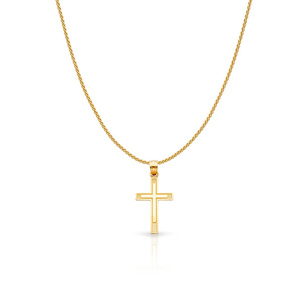 14K Gold Cross Charm Pendant with 0.9mm Wheat Chain Necklace