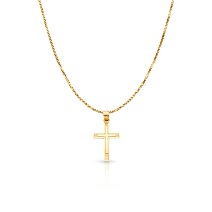 14K Gold Cross Charm Pendant with 0.9mm Wheat Chain Necklace