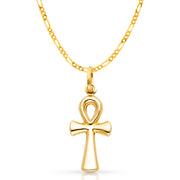 14K Gold Egyptian Ankh Cross Pendant with 2.3mm Figaro 3+1 Chain