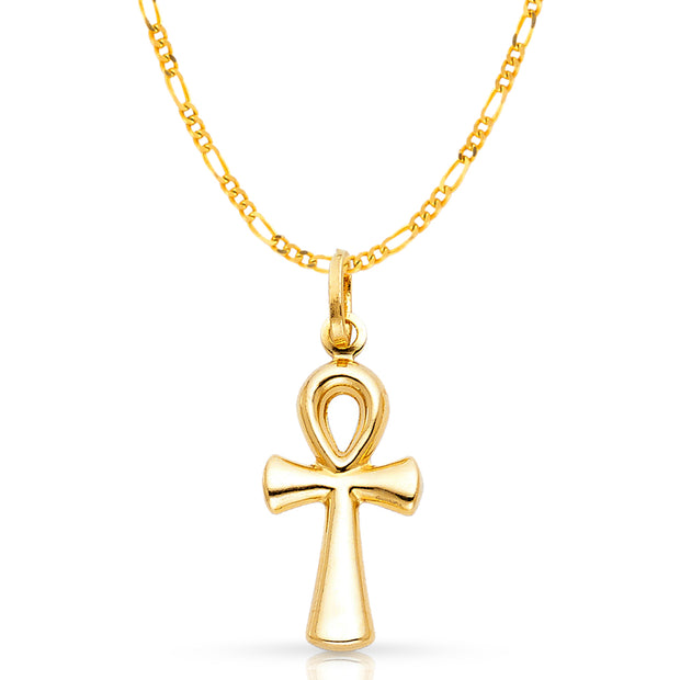 14K Gold Egyptian Ankh Cross Pendant with 2.3mm Figaro 3+1 Chain