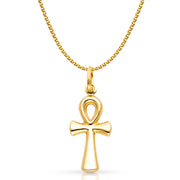 14K Gold Egyptian Ankh Cross Pendant with 1.5mm Flat Open Wheat Chain