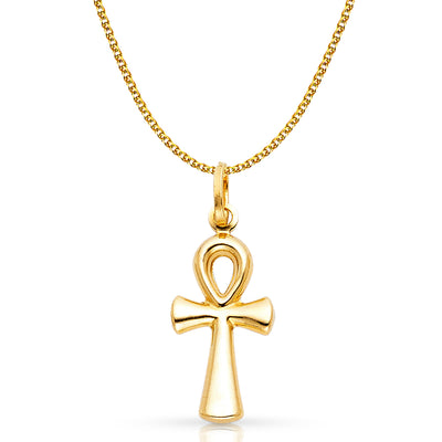 14K Gold Egyptian Ankh Cross Pendant with 1.5mm Flat Open Wheat Chain