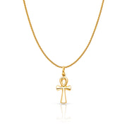 14K Gold Egyptian Ankh Cross Charm Pendant with 1.1mm Wheat Chain Necklace