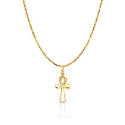 14K Gold Egyptian Ankh Cross Charm Pendant with 1.1mm Wheat Chain Necklace