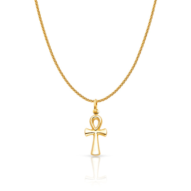 14K Gold Egyptian Ankh Cross Charm Pendant with 1.1mm Wheat Chain Necklace