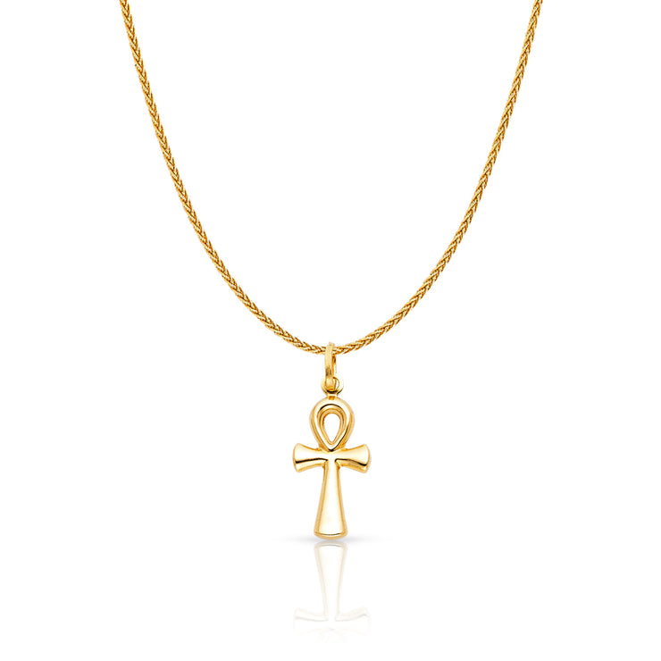 14K Gold Egyptian Ankh Cross Charm Pendant with 1.1mm Wheat Chain Necklace
