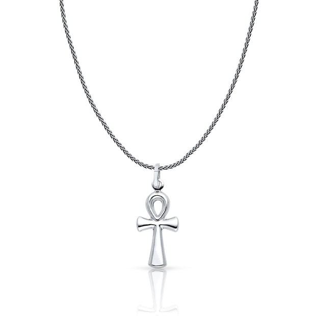 14K Gold Egyptian Ankh Cross Charm Pendant with 1.1mm Wheat Chain Necklace