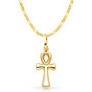 14K Gold Egyptian Ankh Cross Pendant with 1.6mm Figaro 3+1 Chain