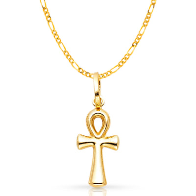 14K Gold Egyptian Ankh Cross Pendant with 1.6mm Figaro 3+1 Chain