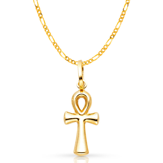 14K Gold Egyptian Ankh Cross Pendant with 1.6mm Figaro 3+1 Chain