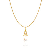 14K Gold Egyptian Ankh Cross Charm Pendant with 0.9mm Wheat Chain Necklace